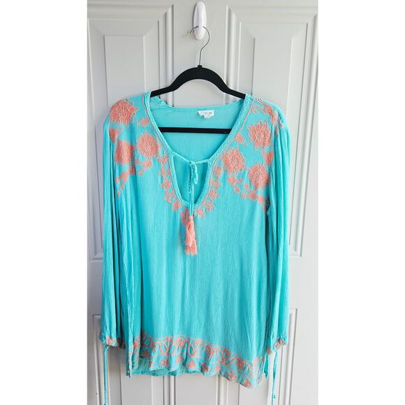 🦃 Aqua Blue Peach Embroidered VNeck Tunic Boho Hippie Blouse Top Size Medium - Picture 4 of 11